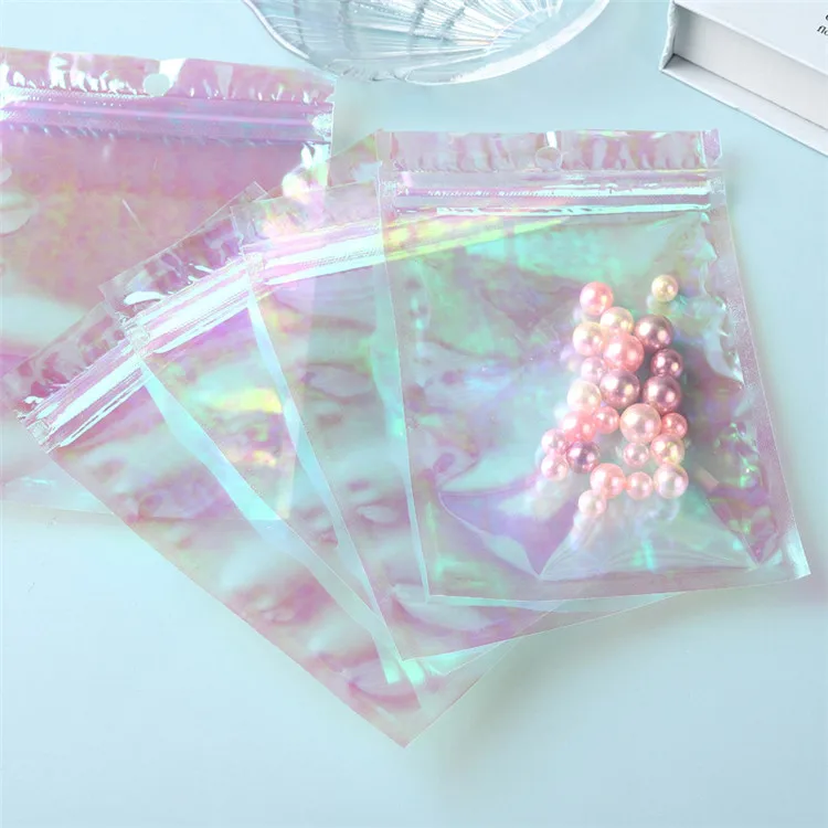 

50pcs New Rainbow Film Laser Zip Lock Hanging Bag Eye-Shadow Nail Beauty Cosmetic Jewelry Bracelets Panties Packaging Pouches