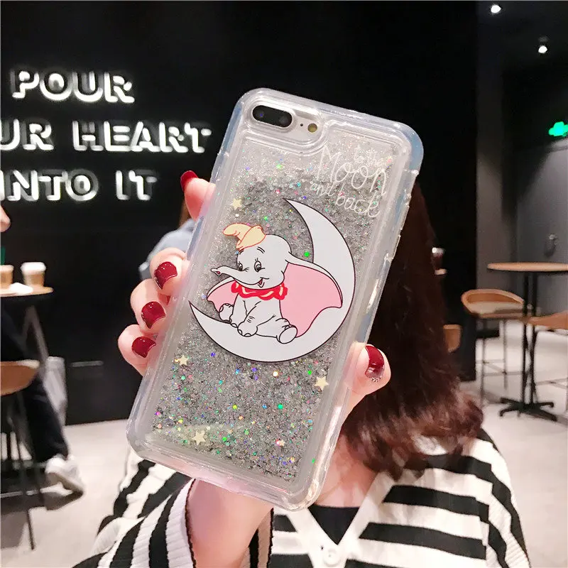 Милый мультфильм сыпучий песок с блестками Луна Dumbo телефон чехол для iphone Xs MAX XR X 6