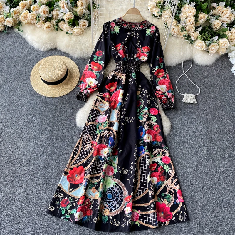 

Elegant Ladies Dresses For Women Long Sleeve Deep V Neck Retro Vintage Printed Dress Women Robe Femme Party Dress Vestidos SL267