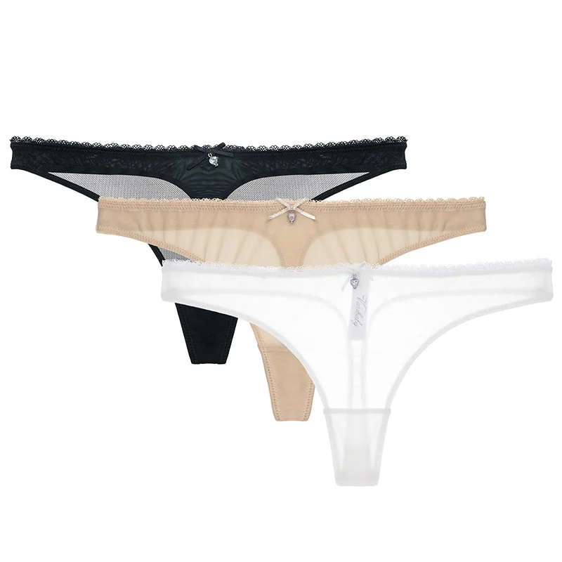 1black1beige1white Varsbaby стринги Прозрачное нижнее белье из пряжи с бантом тонкие хлопковые трусы с низкой посадкой трусики-стринги 3 шт./лот для женщин - Цвет: 1black1beige1white