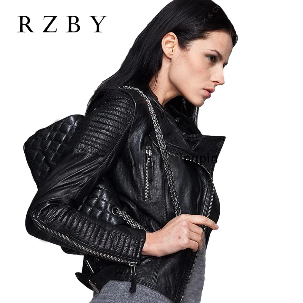 Jacket Leather Genuine Women 100% real Sheepskin leather Black Soft Slim Fit Punk Bomber Female Leather Coat Autumn