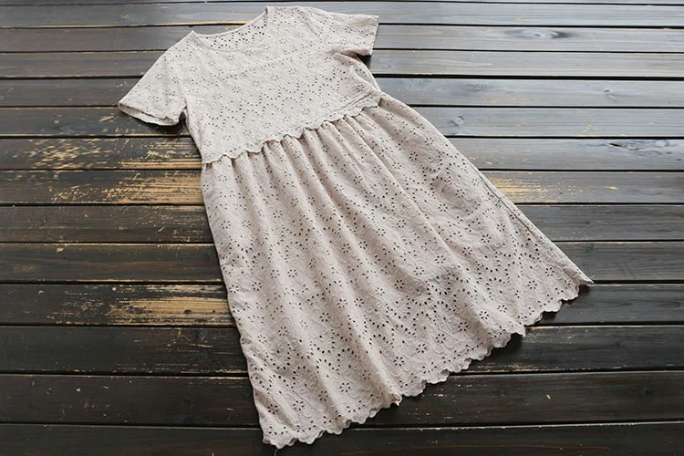 

7985 New Summer Women Dress Japan Style Mori Girl Hollow out Cotton Embroidery Short Sleeve Long Sleeve Dress