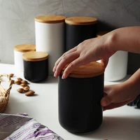 1pc ceramic seal jar storage bottle with wood lid kitchen food coffee bean seasoning jar desktop decoration cereal container