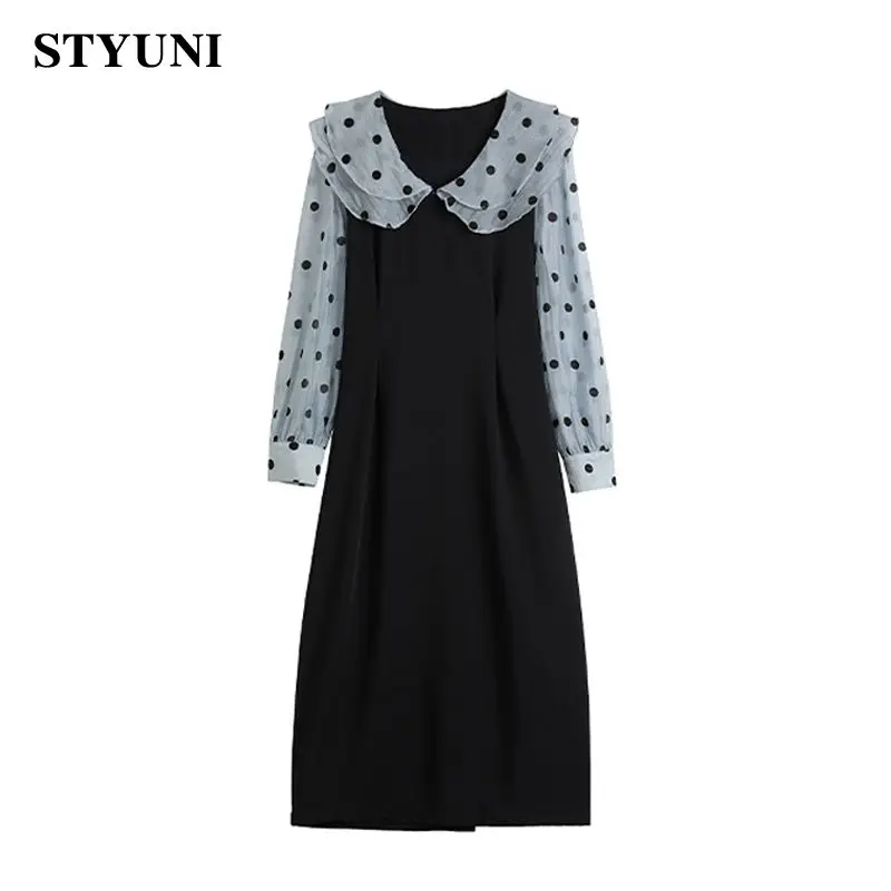 

Polka dot dress female long-sleeved 2022 spring new Korean version of mesh stitching ruffled doll collar fake two casual dresses