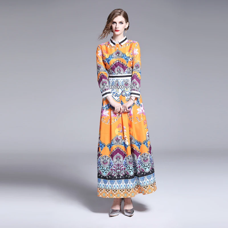 

2021 New Summer Runway Designer Fashion Girl Robe Lettered Floral Print Turn Down Neck Long Sleeve Women Party Casual Maxi Dress