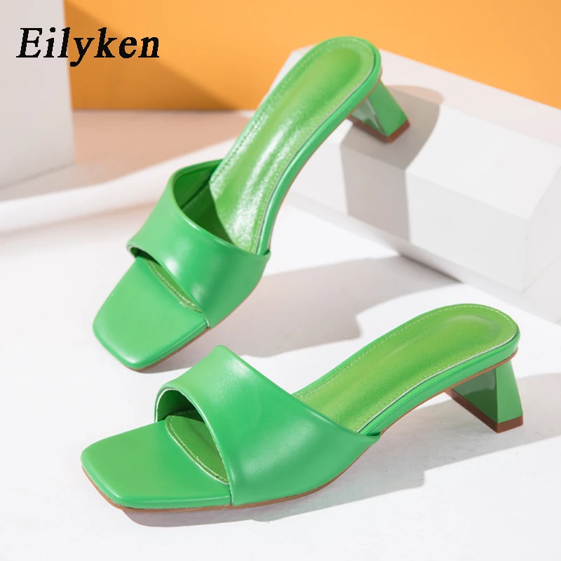 Eilyken Summer Women Slippers Slides Open Toe Low High heels Shoes Sandal Female Leisure Beach Green White Flip Flops size 41 42