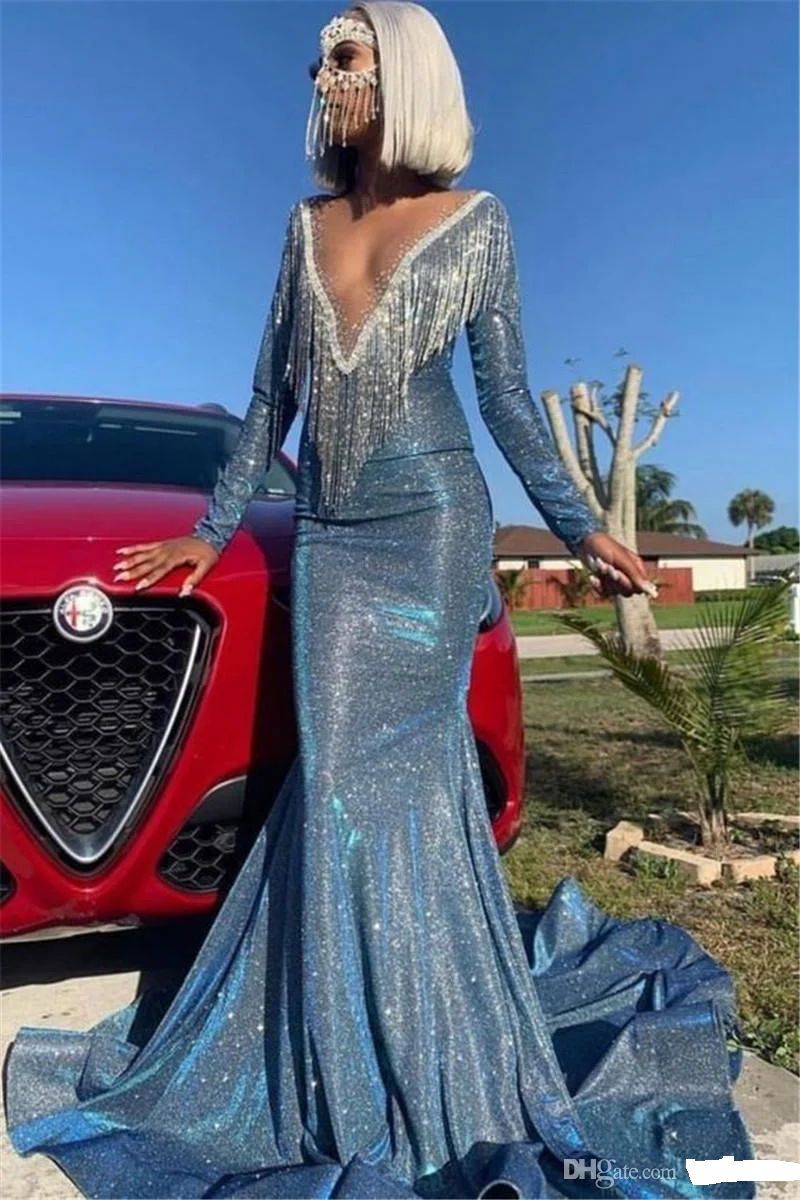 Блестящее синее шелковое бальное платье русалки с длинным рукавом и прозрачным