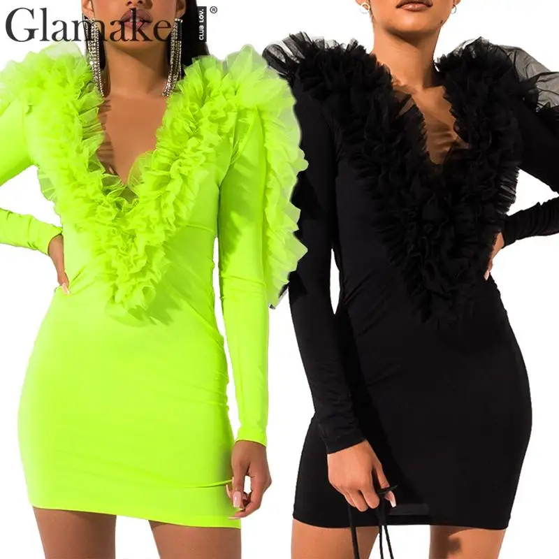 Glamaker неоновая зеленая, сетчатая зимняя одежда с оборками, женское элегантное платье с v-образным вырезом, большие размеры, вечерние Клубные платья с длинным рукавом, женское облегающее платье