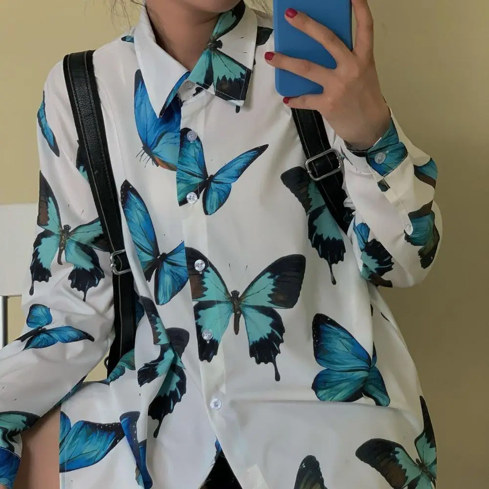 

Women's Blouses New Autumn Harajuku Butterfly Print Loose Women Long Sleeve Shirt Fashion Blusas 2020 Chic Tops Outwear Coats