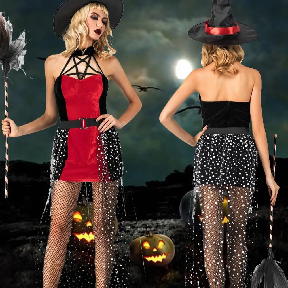 Женский костюм из 3 предметов платье волшебной ведьмы на хэллоуин короткое для