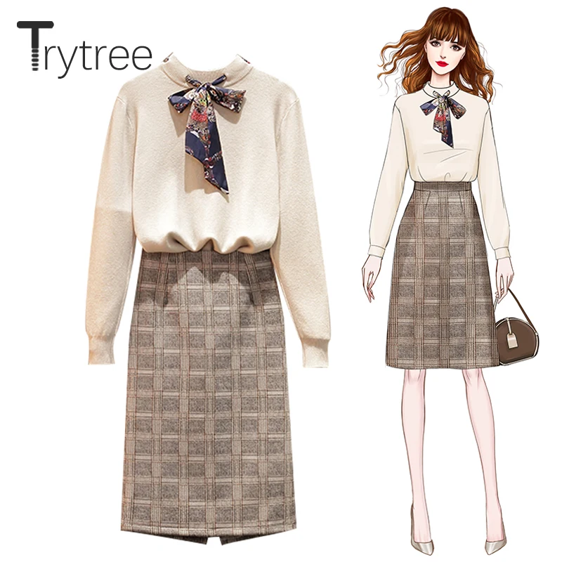 Trytree/2019 Осенний женский костюм из двух предметов повседневный Вязаный топ с