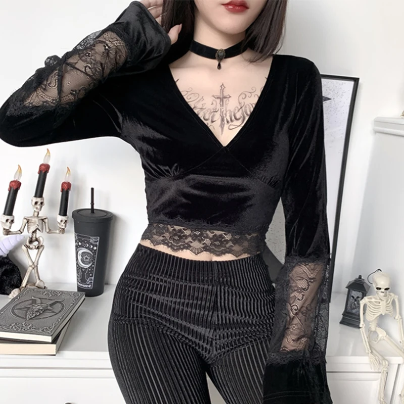 Женский укороченный топ Goth Черный Кружевной Топ с длинным рукавом и v-образным