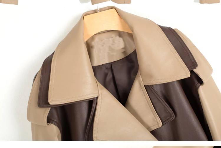 

Fashion ins Locomotive wind short warm pu leather coat female hit color double lapel design leather jackets with belt F2268