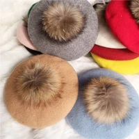 %d1%88%d0%b0%d0%bf%d0%ba%d0%b0 100 real raccoon fur pompom beret hat for women vintage artist wool berets lady fashion elegant pom pom painter hat