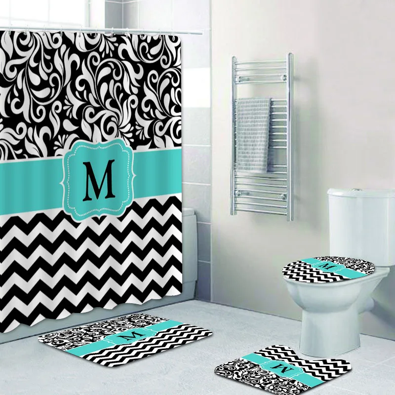 4PCS Moroccan Quatrefoil Pattern Shower Curtain Set Personalised Monogram Initial Bath for Bathroom Mats Rugs Decor Gift - купить по