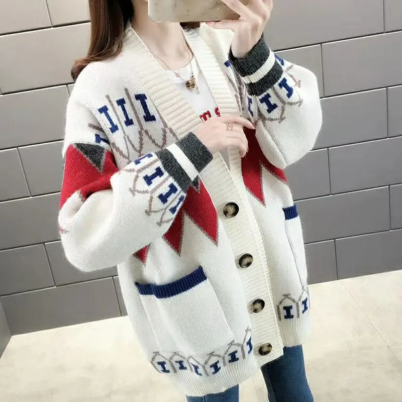 

Fashion Printed Patchwork Autumn Winter 2020 Ladies Knitted Sweater Women O-neck Full Sleeve Jumper Pullovers Top Khaki Brown
