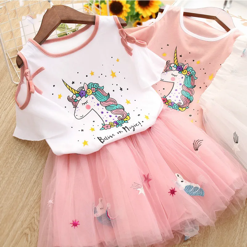 Платье с единорогом Комплекты одежды Летняя одежда для маленьких девочек Одежда