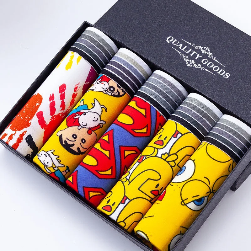 

Трусы-боксеры мужские 5 шт./лот, дышащие, со средней талией, с мультяшным принтом, для подростков, студентов