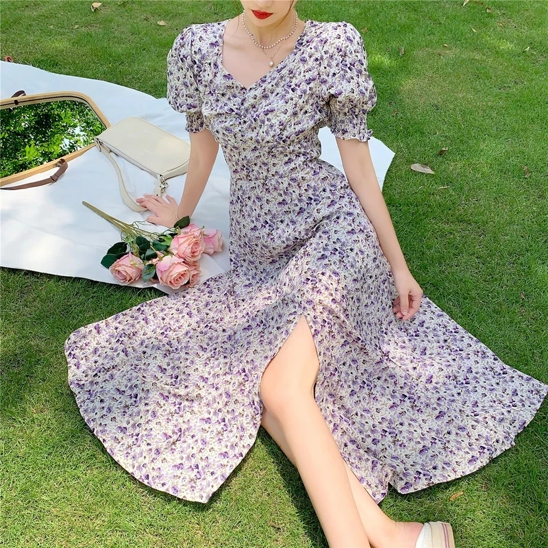 

Luck A French Ruffle White Dress Sexy Puff Sleeve Split Girl Summer Dress Elegant Chiffon Fairy Korean Dress Woman Prom Dress