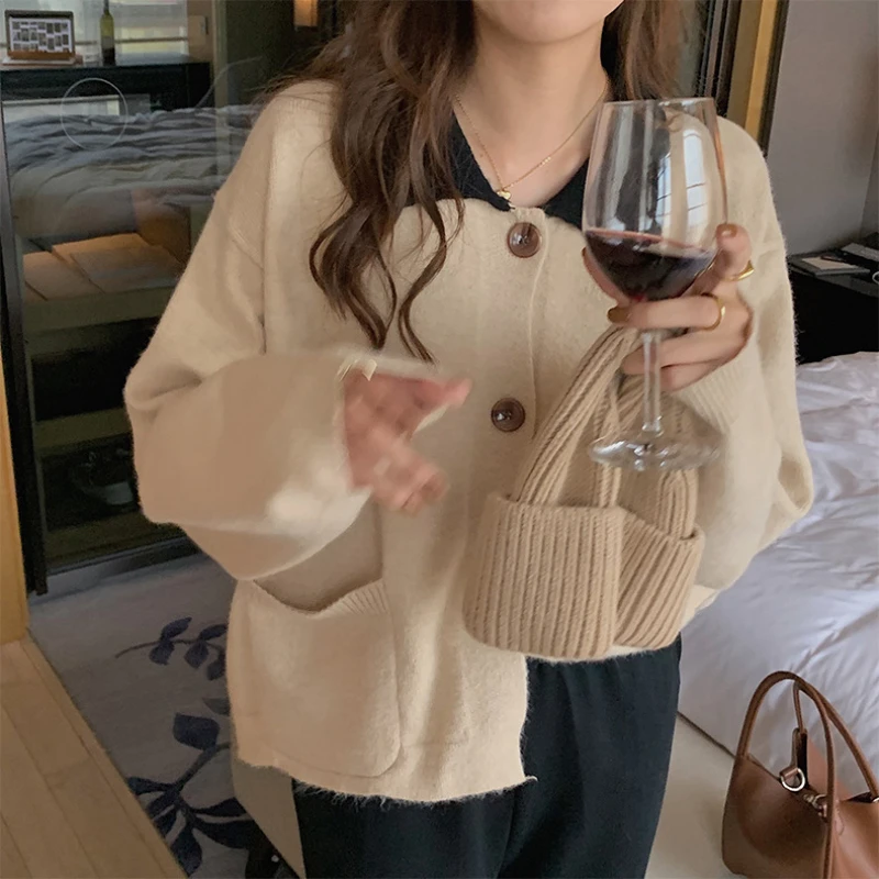 

Women Wool Sweater Female 2021 Autumn Winter New Harajuku Vintage Product Korean Version Of The Turn-Down Collar Loose Cardigan