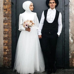 Summer Muslim Wedding Dresses High Neck Long Puff Sleeve Floor Length A Line Bridal Gowns vestidos de novia Plsu Size