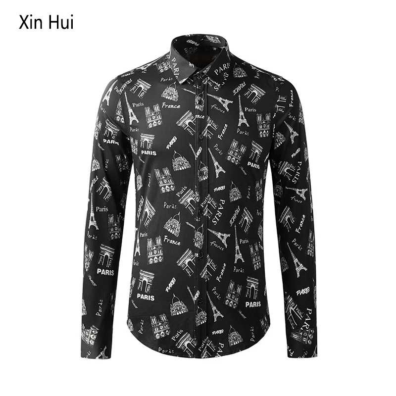 

Men's shirt French style Paris Tower digital cotton direct injection printing men's slim fashion long-sleeved men's shirt