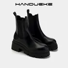 Ботинки женские зимние без застежек, черные кожаные ботинки челси на меху, на массивном каблуке, 2021