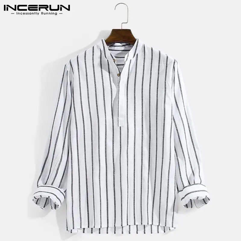 

INCERUN Men Striped Shirt Brand Stand Collar Long Sleeve Harajuku 2021 Streetwear Casual Men Clothing Breathable Camisas S-3XL 7