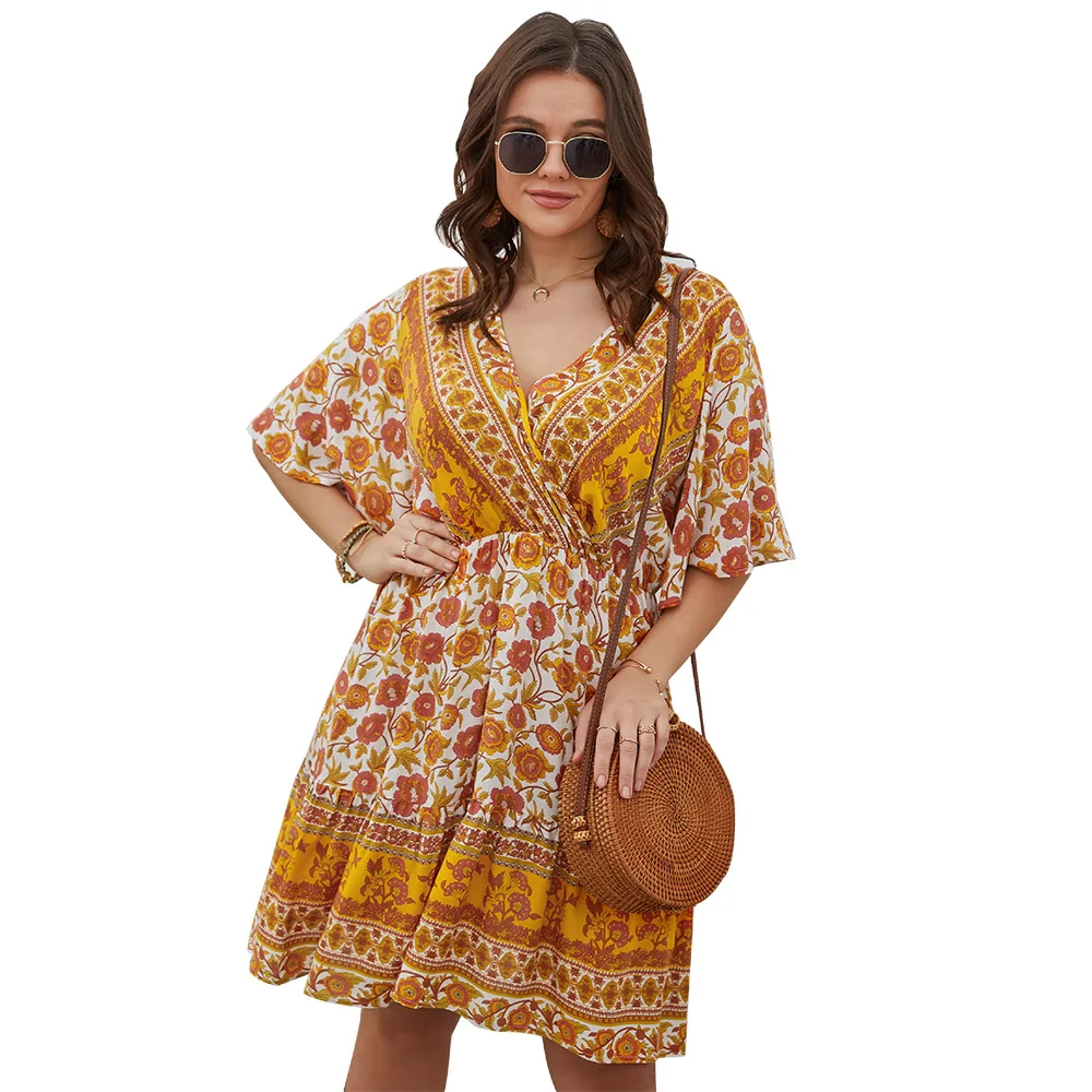 

Oversize Yellow Loose Boho Short Sleeve Midi Dress Women Casual Floral Print Dress Party Plus Size Bohemia Robe Summer dresses