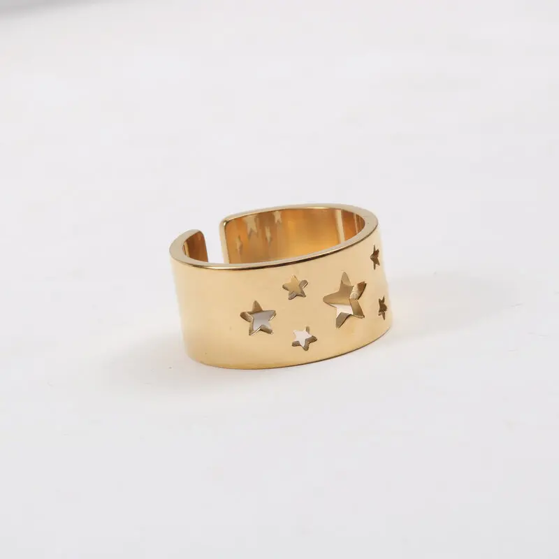 

ALLNEWME Korean Japan Hollow Out Star Chunky Rings for Women Gold Color Titanium Steel Wide Adjustable Open Ring Simple Jewelry