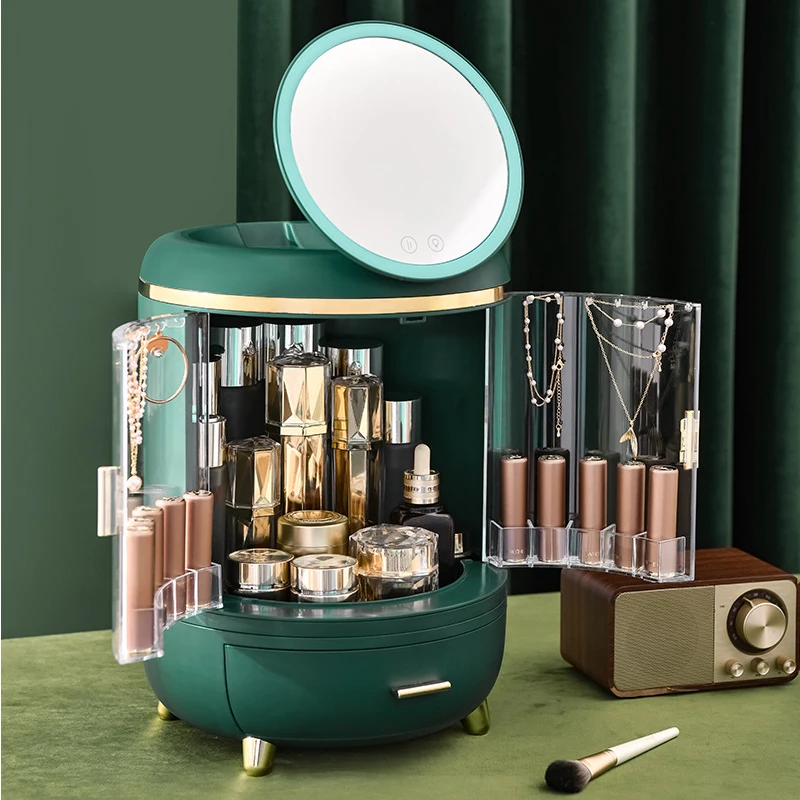 

New Cosmetic Storage Box With Mirror Led Light Desktop Makeup Jewelry Organizer Case Dust-Proof Drawer Organizer For Cosmetics