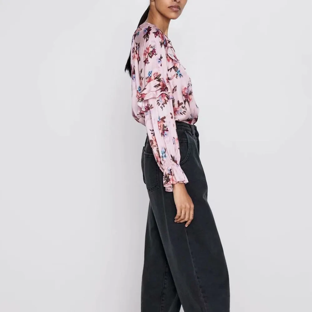 Женская рубашка ZA розовая с цветочным принтом длинным рукавом и о вырезом| |