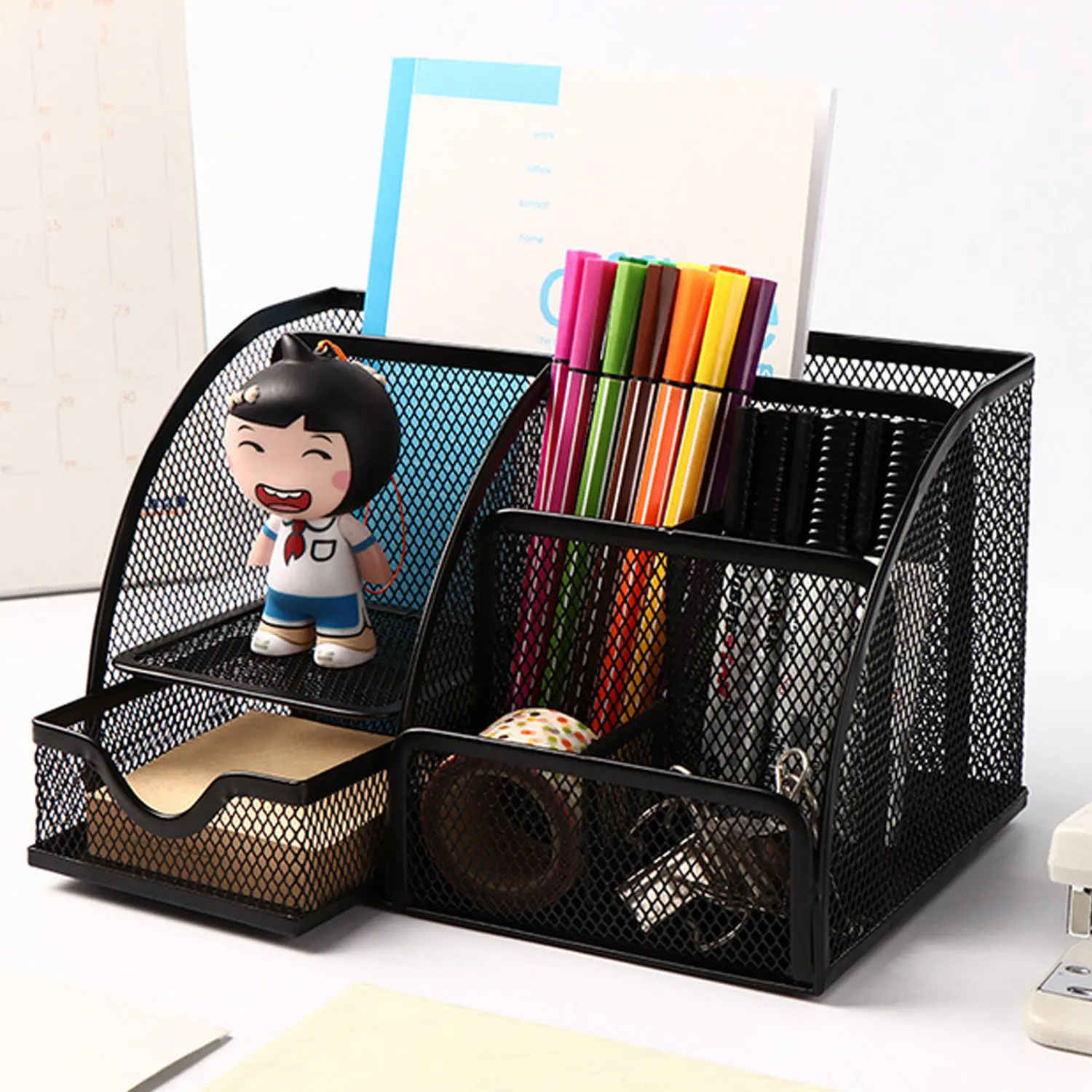 

Steel Mesh Desk Organizer 6-Cells Pencil Pen Holder Caddy with 1pcs post-it Sticker for Home Office School Desk organizer