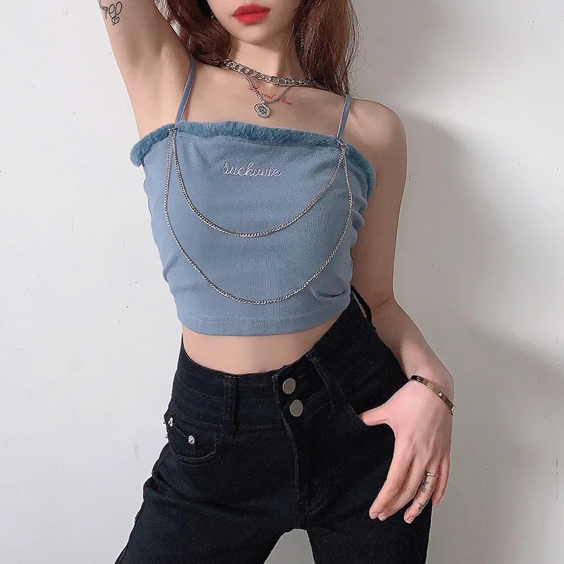 

Women Sexy Square Neck Letter Print Solid Color Chain Spaghetti Strap Sleevelss Backless Camisole Crop Top Harajuku Chic High St