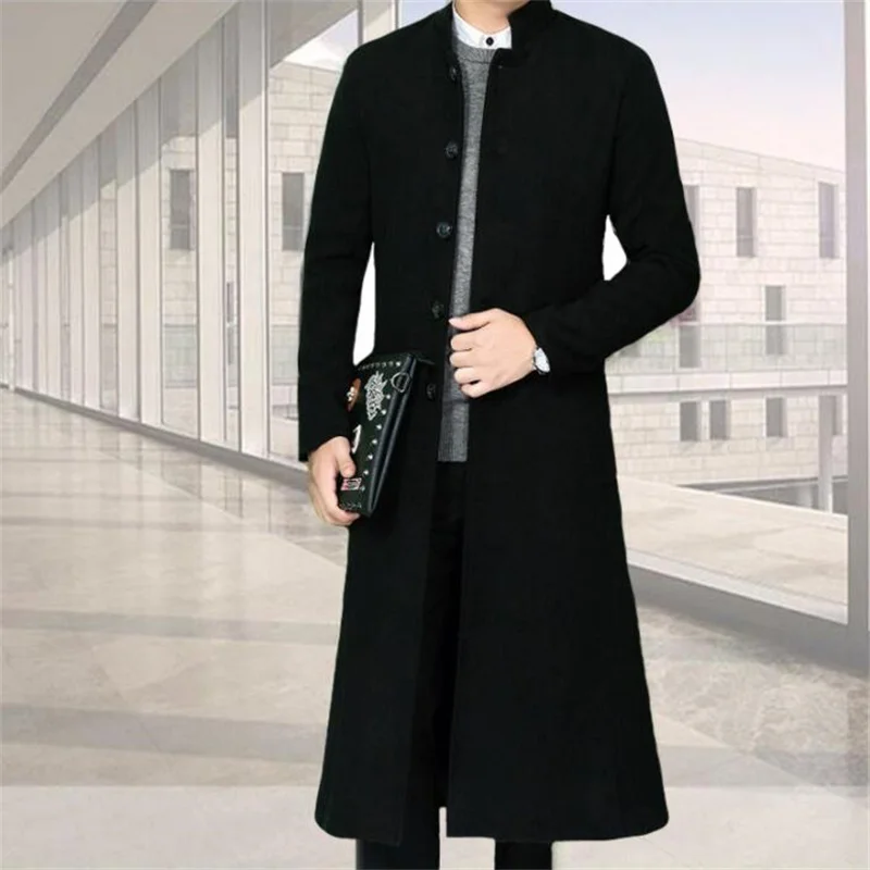 Men's long woolen coat korean thicken mid-length clothes stand collar windbreaker autumn winter youth slim over-the-knee jacket