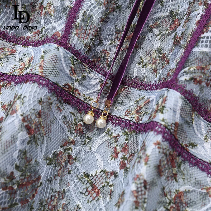 

LD LINDA DELLA New 2021 Fashion Designer Summer Dress Women Butterfly Sleeve High waist Ruffle Floral print Vintage Midi Dress