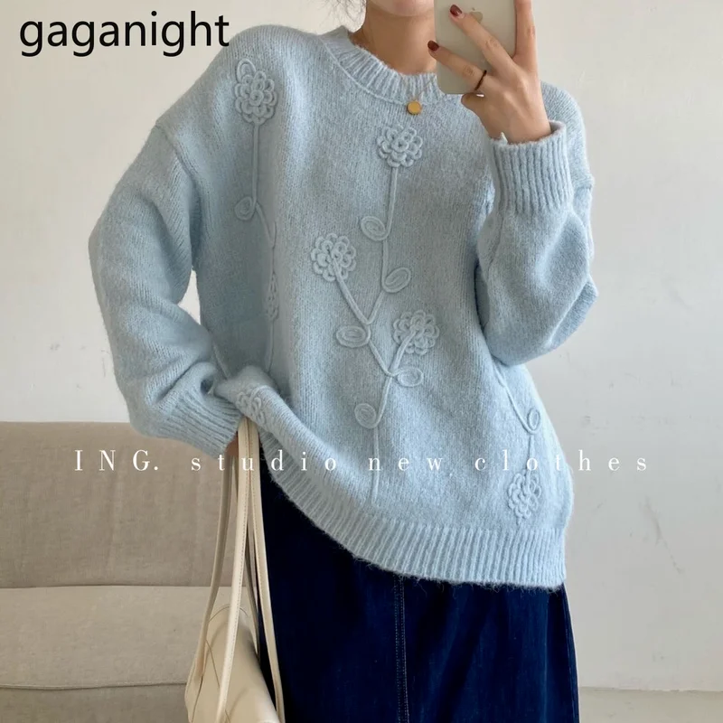 

Женский свитер Gaganight, Осень-зима 2021, новая Корейская версия, простой вязаный свитер с круглым вырезом, милый Повседневный Свободный дикий св...