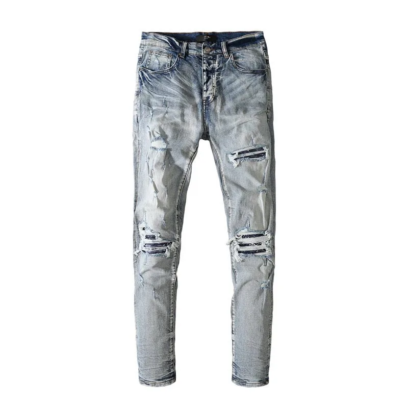 New Men's Male Fashion Blue Street Retro Distressed Ripped Patchwork Jeans Slim Feet Zipper Beggar Pants Trend Denim Trousers