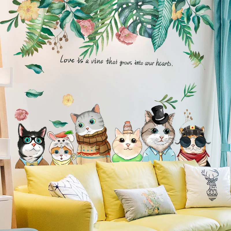 [SHIJUEHEZI] кошки животные наклейки на стену DIY зеленые листья растения наклейки на стену для детской комнаты детская спальня детская Декорация - Цвет: Cat sticker