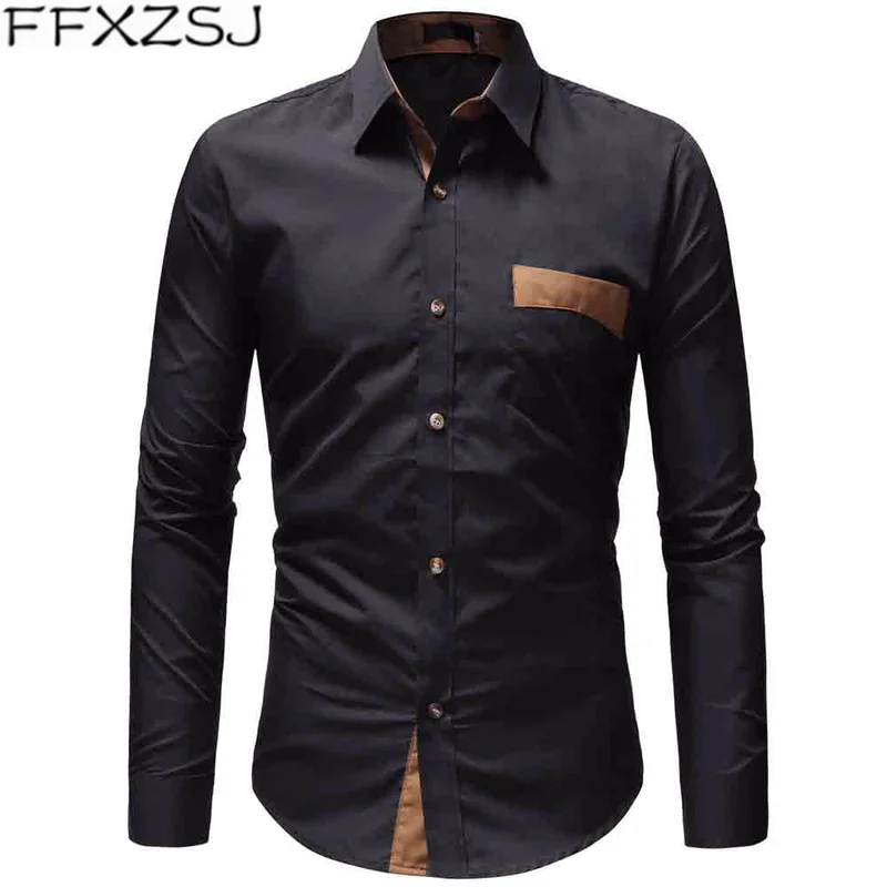 

FFXZSJ Brand Men Shirt Brand Male High Quality Long Sleeve Shirts Casual Hit Color Slim Fit Black Man Dress Shirts