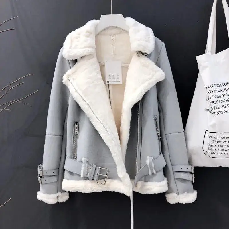 

Days Coat 2021 Thick Warm Jacket Short Motorcycle Belt Tops Wool Sheepskin Outwear Loose Korea New Women Winter Suede Lamb Cold