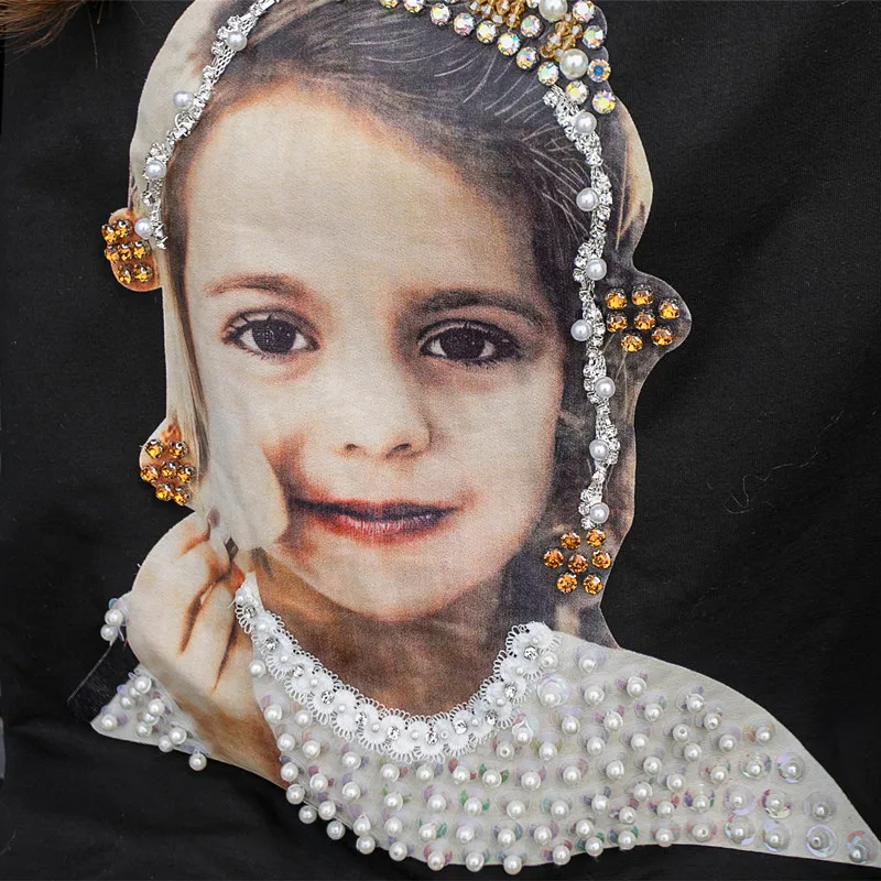 

QING MO Women Little Girl Printed T Shirt With Beading 2021 Summer Women Patchwork T Shirt Female Casual T Shirt ZQY6877
