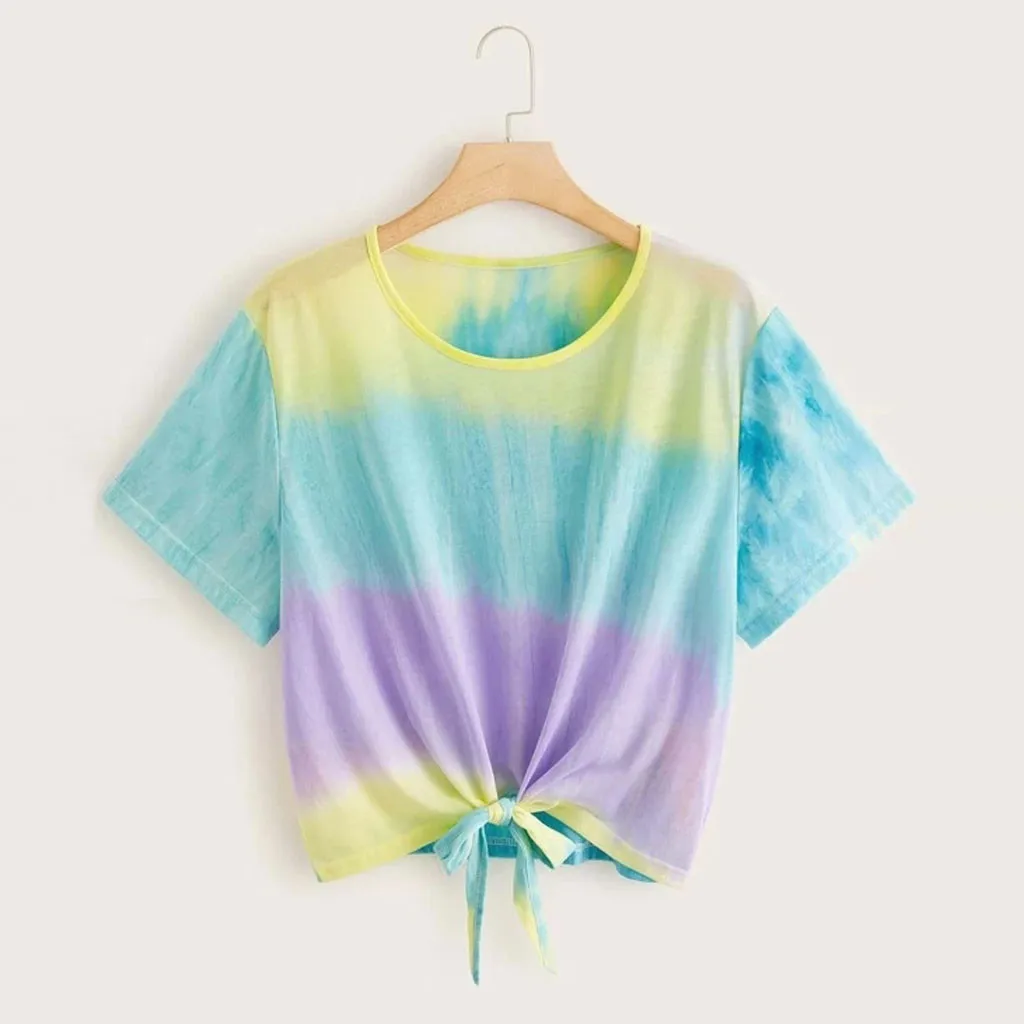 Женская футболка с круглым вырезом Летняя короткая узлом и коротким рукавом #