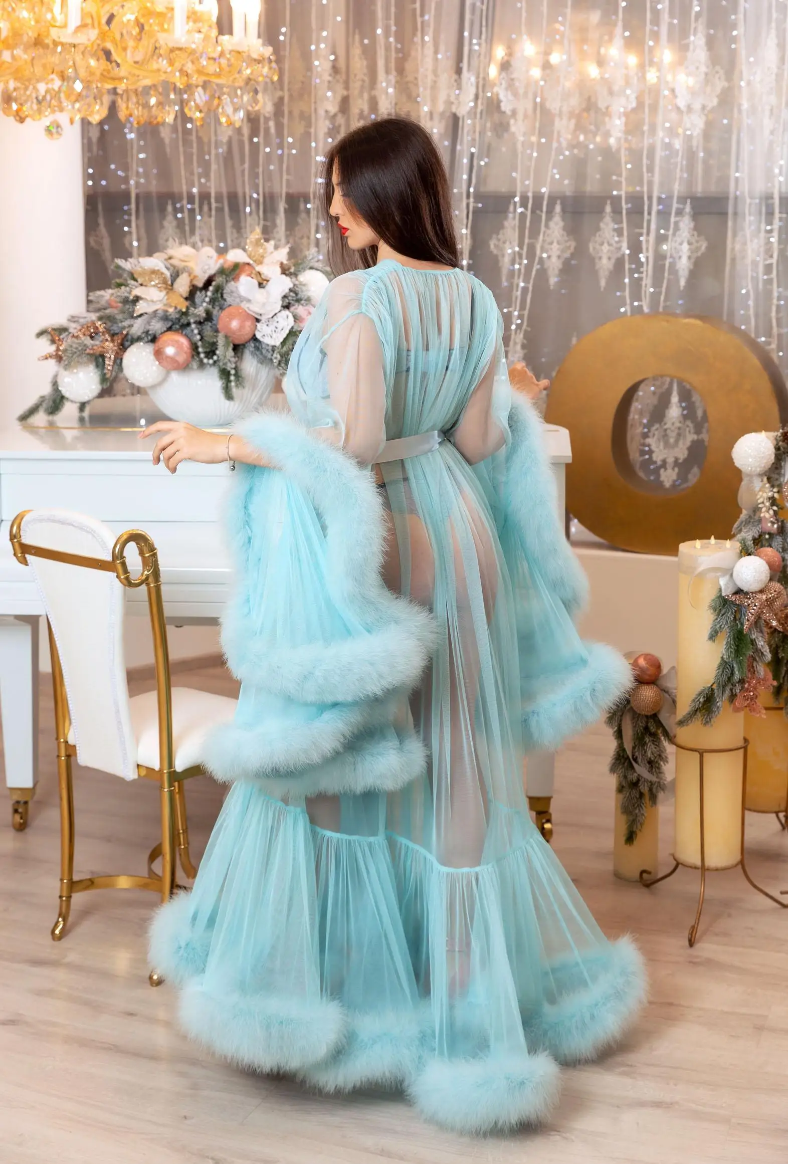 

Blue Faux Fur Women Night Bathrobe Wedding Bride Bridesmaid Robes Silk Satin Lace Sleepwear Pyjamas Long Lingeries Bridal Party