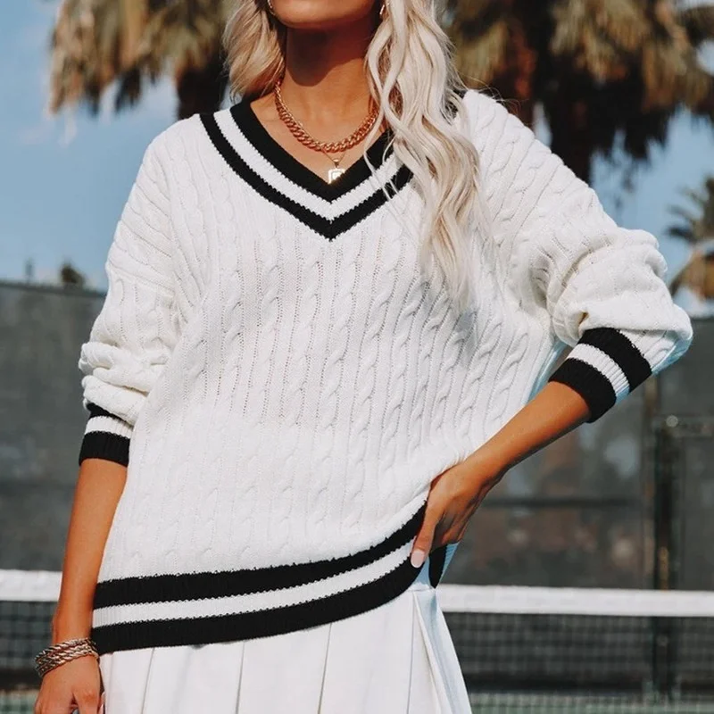 

England Style Black and White Striped Sweater Spring Autumn Women V-Neck Loose Casual Pullovers Preppy Style Tennis Knit Sweater