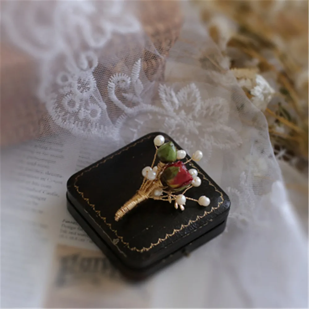 P03 00115 винтажные Ретро Броши дерево листья цветок Роза жемчуг брошь булавка