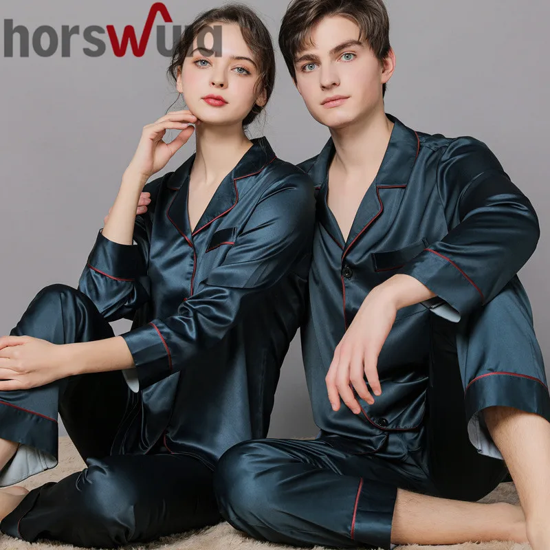 

Пижама horswula для пары из ледяного шелка, мягкая женская и мужская модель, модный костюм из двух предметов с длинным рукавом