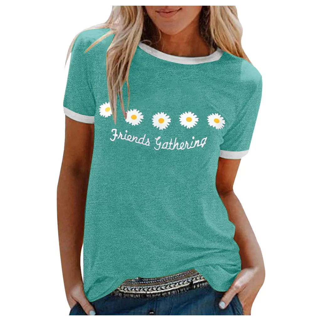 Женские Футболки в стиле Харадзюку с цветочным принтом летние круглым вырезом и