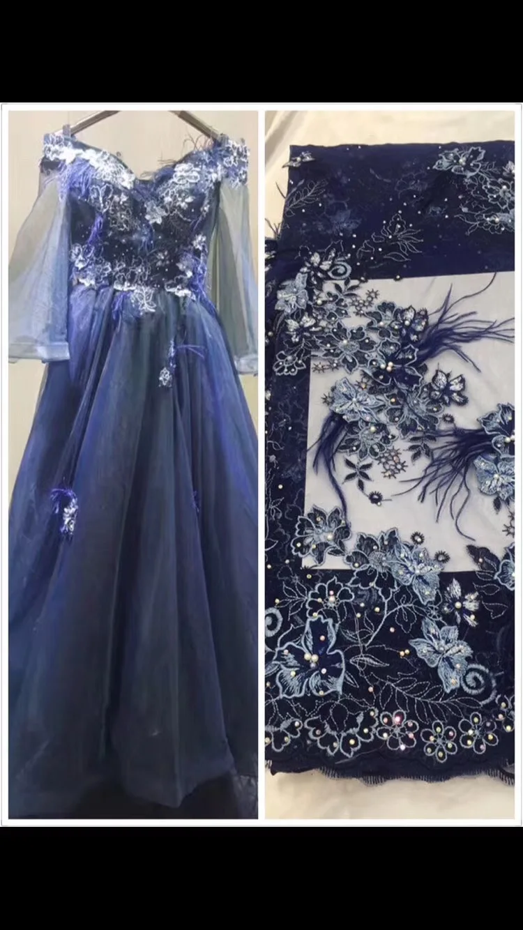 

5 yards French 3d lace fabric, light blue Feather 3D lace fabric with florals, bead lace fabric for haute couture dress
