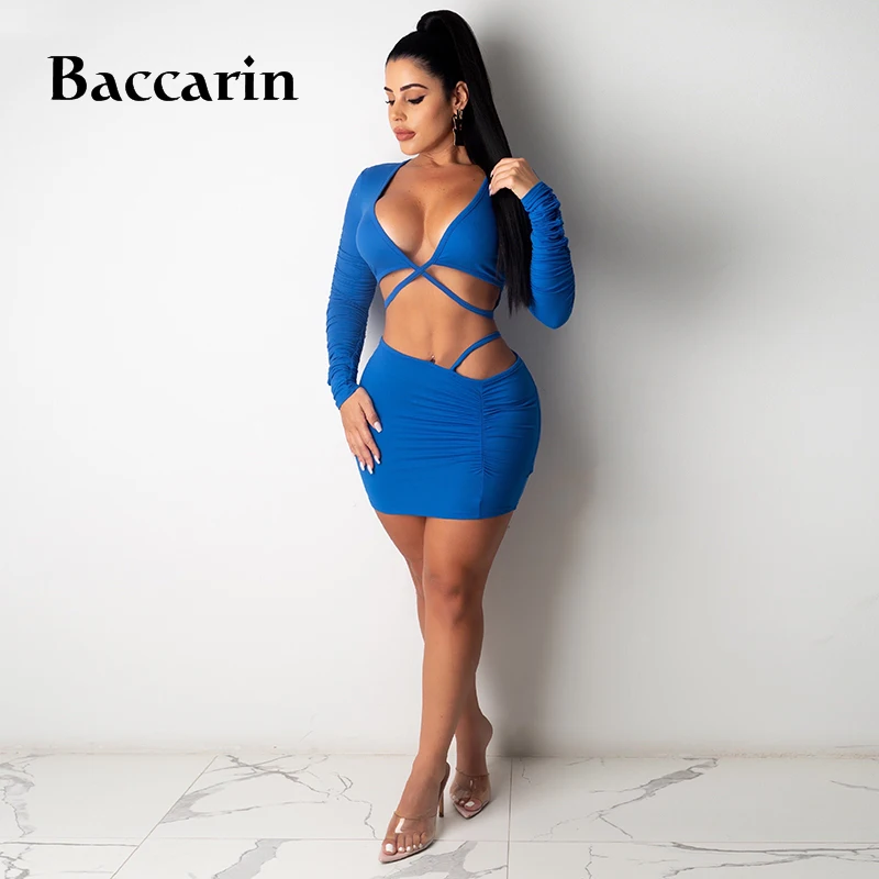 

Женский ажурный комплект из двух предметов, укороченный топ с рюшами, V-образным вырезом и длинным рукавом, облегающая мини-юбка, сексуальна...